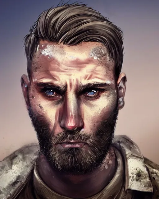 Image similar to portrait of muscular, tired and alcoholic 3 0 - year - old grieving man with short darkblonde hair, serious sad look in his eyes, looking down, dirty beard, blue eyes, crying tears, wearing dirty soldier uniform, on the desert, sad atmosphere, hyper realistic face, character art, art by artgerm, cryengine, trending on artstation, digital art