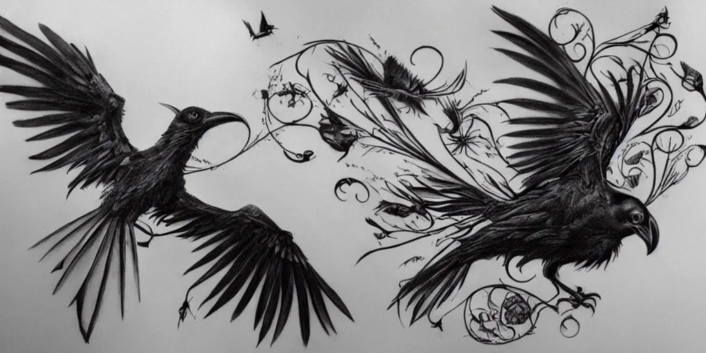 Image similar to realistic tattoo designs drawn on paper, mutant raven, dark, golden, delicate, hyper realism, tim burton, ink, ultra realistic, 8 k