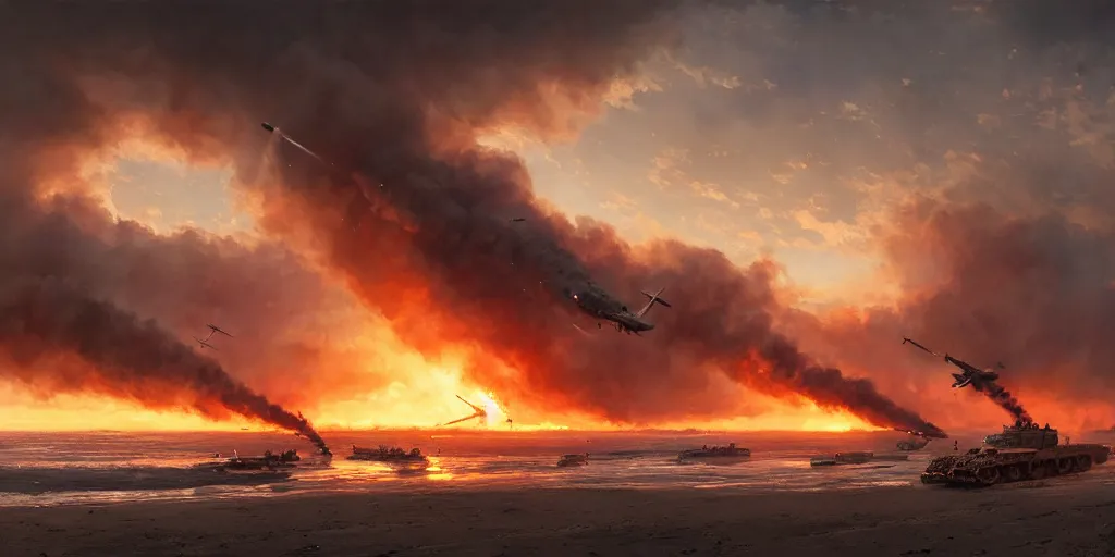 Image similar to the normandy landings, d - day, 1 9 4 5, sunset, chaos, smoke, fire, soldiers charging in, airplanes bombing the beach, destroyed tanks, highly detailed, wide shot, sadness, cinematic, ultra realistic, ray tracing, painting by jessica rossier and ivan shishkin