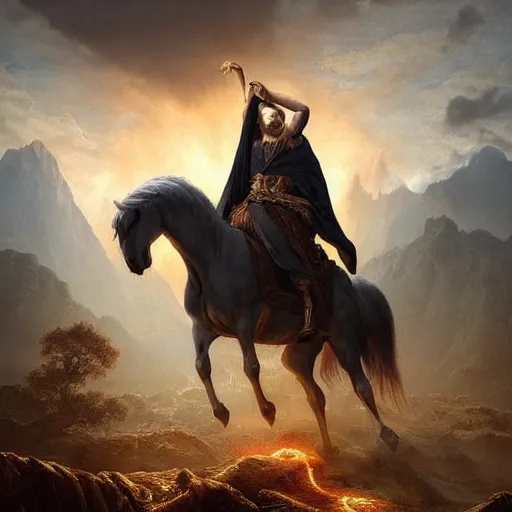 Image similar to a masterpiece!! matte painting of a handsome!! man riding on a majestic!! white horse with eyes like flames!!!, many crowns!! upon his head, a robe dipped in blood!, by gustav dore and paul barson, 8 k, uhd, trending on artstation, octanerender!!, crepuscular!!