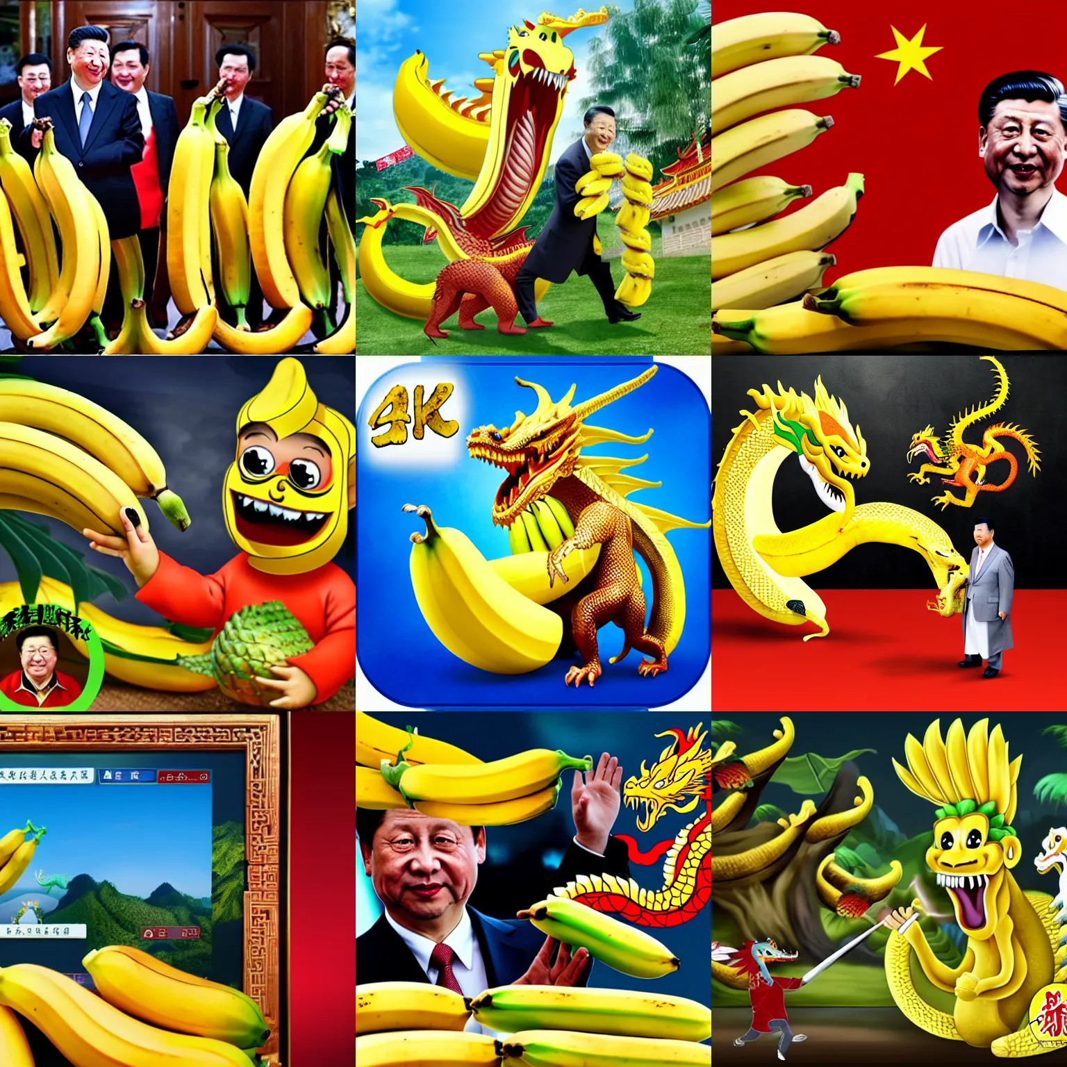 Prompt: Chinese president with bananas fighting with dragon, epic, 4k