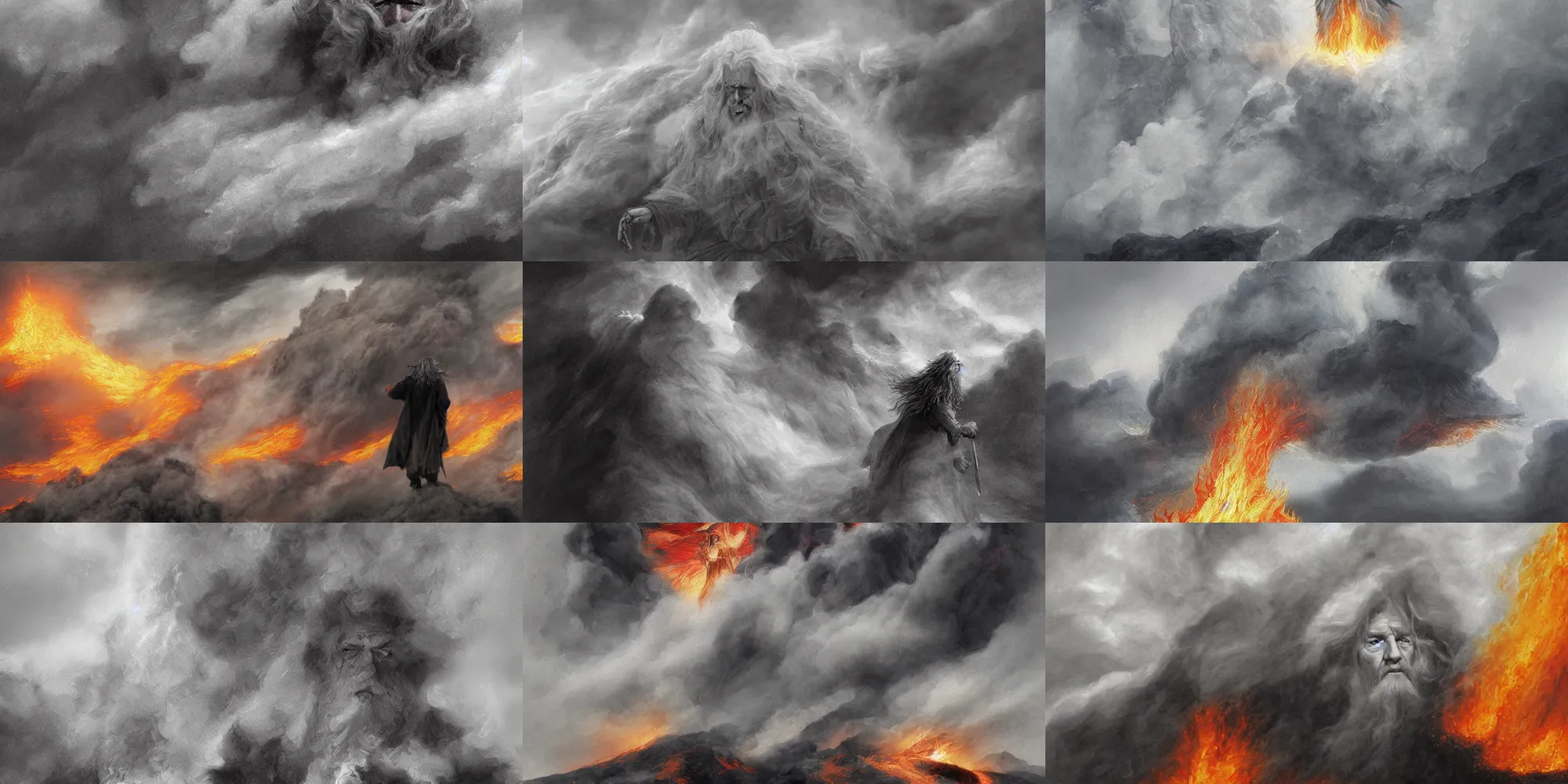 Prompt: gandalf inside a billowing cloud of flame and black smoke by alan lee, intricate, detailed, panoramic, digital painting, artstation