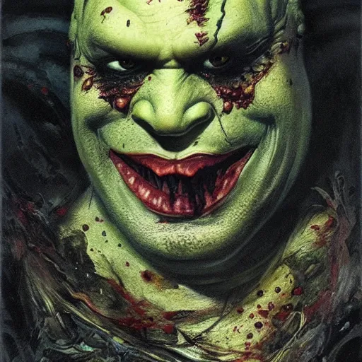 Prompt: horror monster makeup grinning one-eyed grimpunk vile reprobate portrait portrait Cyclops Cyclops Polyphemus shrek with tombow norman rockwell greg rutkowski frank frazetta alexandre briclot Dave Dorman splatterpaint