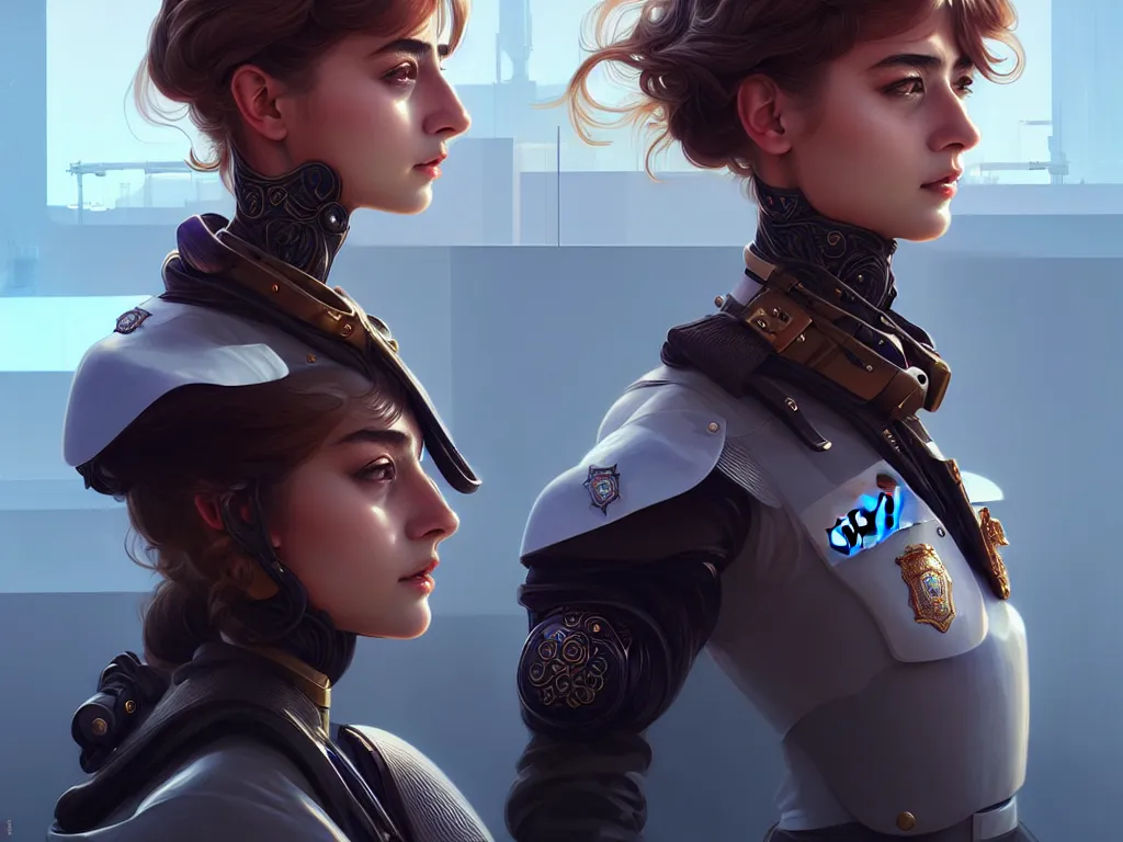 Image similar to portrait futuristic portugal police uniform girl, at future neon light rooftop, ssci - fi and fantasy, intricate and very very beautiful and elegant, highly detailed, digital painting, artstation, concept art, smooth and sharp focus, illustration, art by tan zi and ayanamikodon and alphonse mucha and wlop