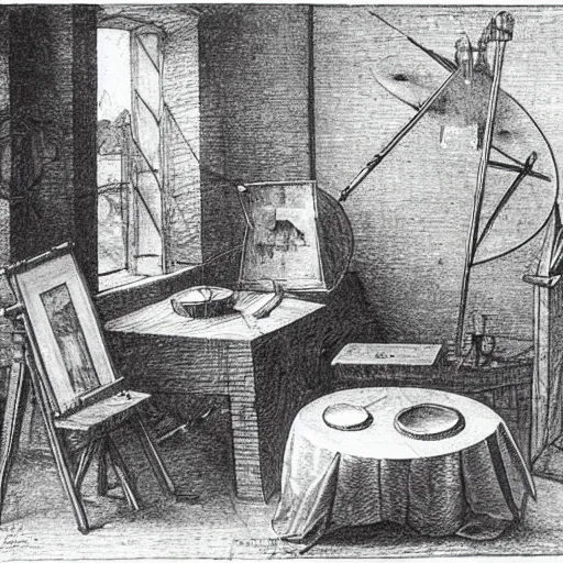 Prompt: Sketches of the Hubble telescope scattered on the table of Leonardo Da Vinci, dark studio room, lonely, candlelight atmosphere