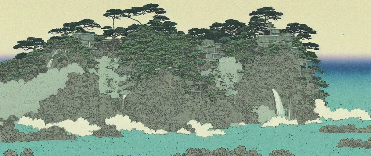 Prompt: a crumbling island in space, waterfalls, in style kawase hasui, digital art, detailed, depth of field