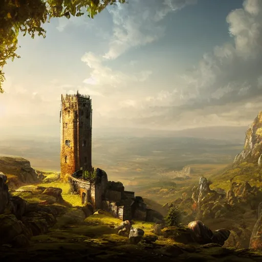 Image similar to ancient tower in top of lush mountain overlooking a valley with large medieval baroque city, mythical ambiance, sharp focus, highly detailed, cgsociety