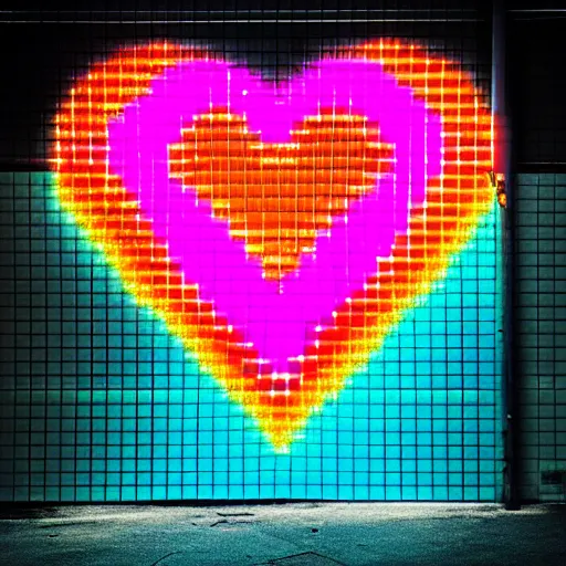 Prompt: pixel heart shaped portal to a neon colored world, on an industrial exterior