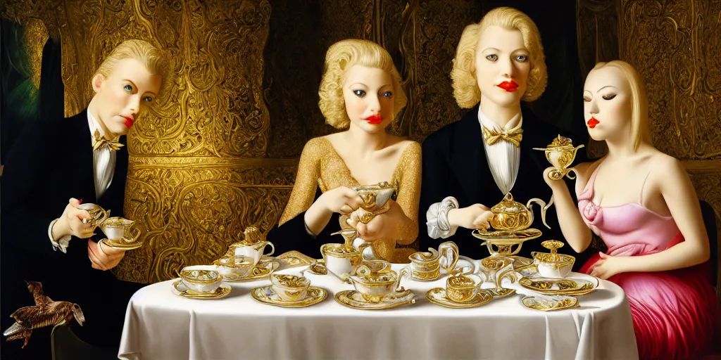 Image similar to a blonde and a mallard and a pig having tea at the ritz, abstract oil painting by gottfried helnwein pablo amaringo raqib shaw zeiss lens sharp focus high contrast chiaroscuro gold complex intricate bejeweled