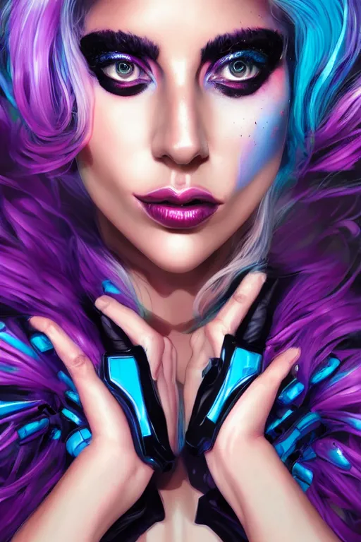 Prompt: beautiful portrait of lady gaga cyberpunk style painted by artgerm and lisa frank, trending on artstation, behance