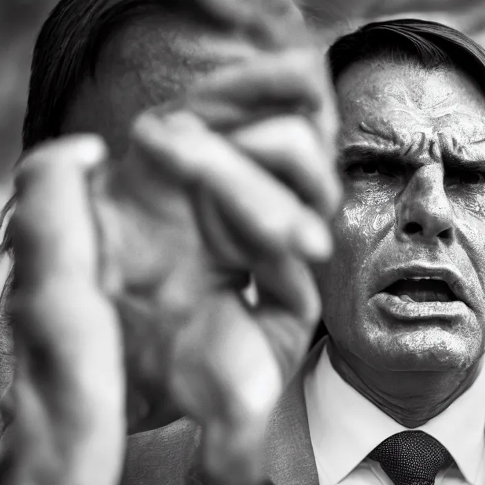 Image similar to photo of Jair Bolsonaro crying looking to workers party , hyper realism, high detail, octane render, 8k, chrome accents