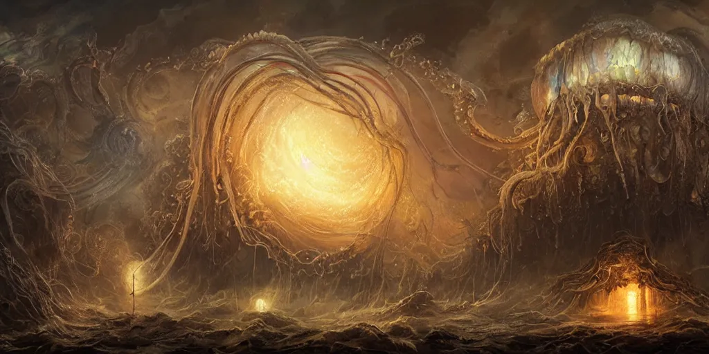 Image similar to concept art of giant translucent glowing jellyfishes, lovecraftian, lots of teeth, melting horror, round moon, rich clouds, fighting the horrors of the unknown, high resolution, very detailed, roaring, volumetric light, mist, grim, fine art, decaying, textured oil over canvas, epic fantasy art, very colorful, ornate, anato finnstark