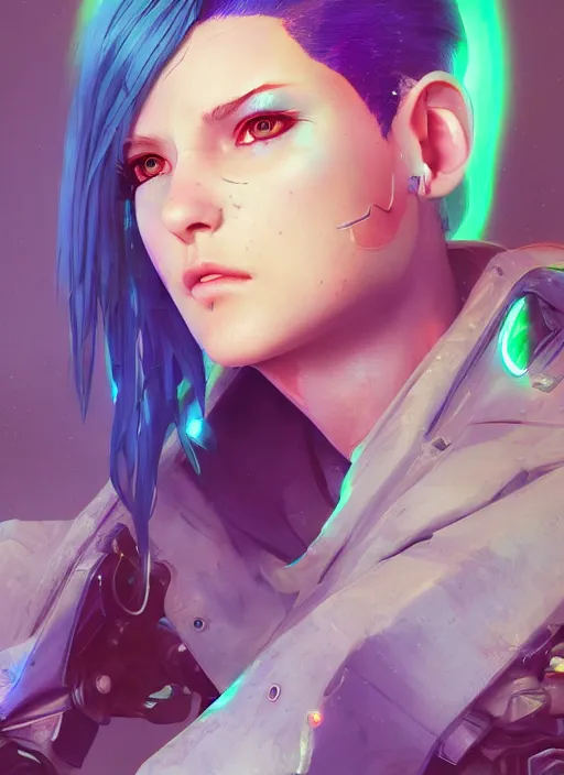 Image similar to beautiful young cyberpunk girl with blue hair, blue eyes, au naturel, digital art, trending in artstation, cinematic lighting, studio quality, smooth render, fluorescent skin, unreal engine 5 rendered, octane rendered, art style by klimt and nixeu and ian sprigger and wlop and krenz cushart