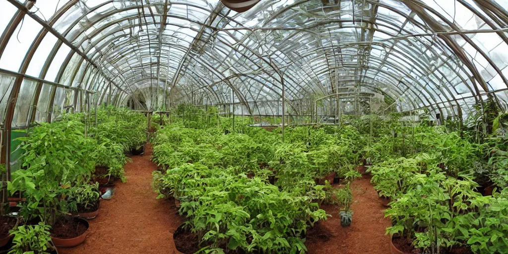 Image similar to interior of experimental greenhouse, novel plants created by the plant wizard luther burbank.