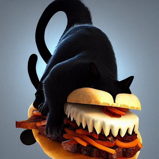 Prompt: deeply scared cat running away from the giant carnivorous sandwich, artstation hq, dark phantasy, stylized, symmetry, modeled lighting, detailed, expressive, true unsimulated emotions, created by hidetaka miyazaki