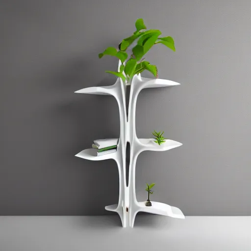 Prompt: white zen clean modern minimalist bookshelf with cute plants by zaha hadid, peter tarka