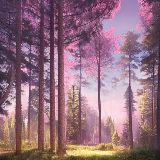 Image similar to solace hermatige cottage peaceful clouds beautiful woods trees pine, nice view, gradient of pink and blue, mystical realistic poster with shaded lighting by craig mallismo, artgerm, jeremy lipkin and michael garmash, unreal engine, radiant light, detailed and complex environment city utopia spirituality sacred geometry with implied lines