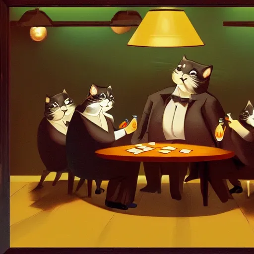 Image similar to fat mobster cats gambling at a table with a single light overhead, dark room, smoke fills the room, american art style