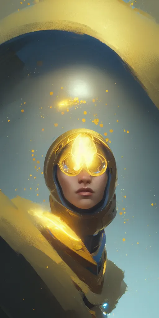 Image similar to highly detailed portrait of a semicircular bounded space surrounded by golden and blue magic powder, ultra wide angle, finer details : 3, by ian fisher and greg rutkowski, trending on artstation.