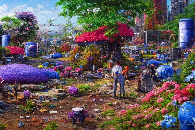 Image similar to oil painting, super - detailed scene electronics waste dump, cyberpunk garden, agbogbloshie, indigo blooming flowers garden, japanese sci - fi books art, artwork by jean giraud, hd, 4 k, high quality