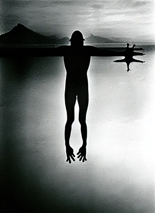 Image similar to “semitransparent frog vertically hovering over misty lake waters in jesus christ pose, semi translucent body, low angle, long cinematic shot by Andrei Tarkovsky, paranormal, eerie, mystical”