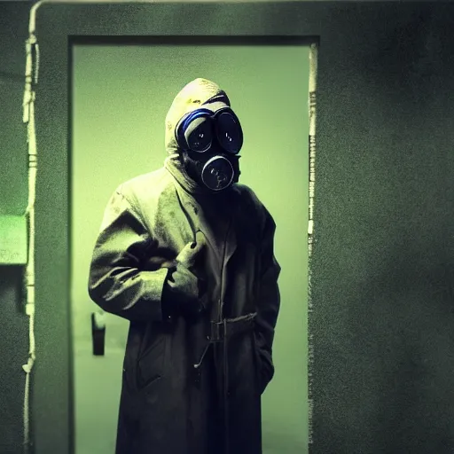 Prompt: UHD hyperrealistic photorealistic detailed image of a man in a rugged, worn trench coat wearing a gas mask, standing in front of an laboratory door, in a ruined and dark underground lab, readying himself for combat with a green undertone, inspired by the Stalker video game series