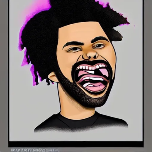 Prompt: the weeknd funny cartoon caricature, exaggerated facial expression