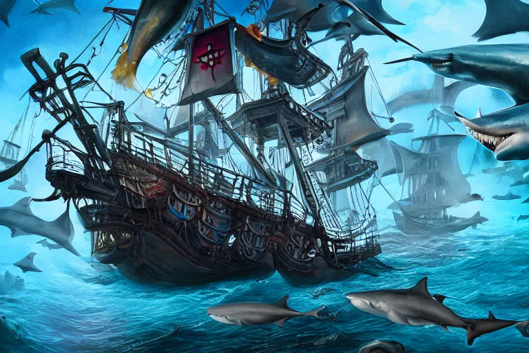 Prompt: elaborate pirate ship surrounded by sharks, low angle, digital painting, mixed media, trending on artstation and deviantart, epic composition, highly detailed, 8 k