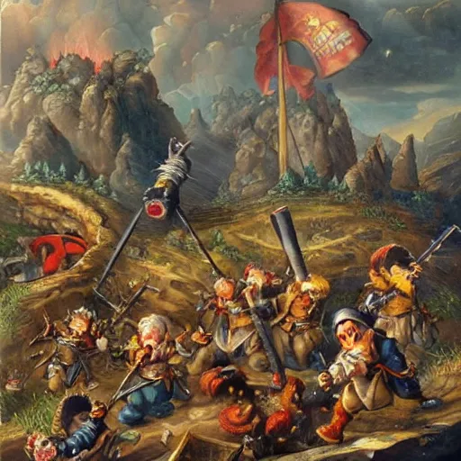 Prompt: an epic gnome battle scene, the attack of suicide dwarves, a detailed oil painting by William Byrd, the Battell style