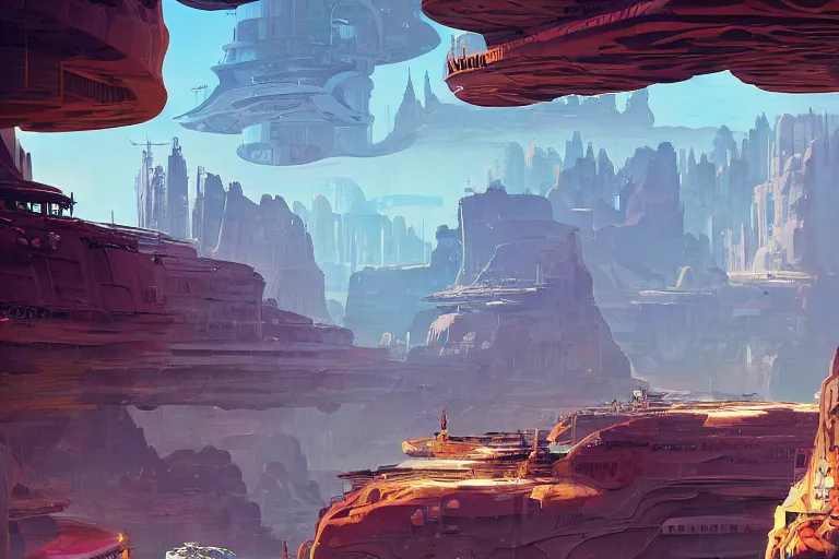 Image similar to a matte painting of a solarpunk city floating above a canyon by syd mead and peter mohrbacher and james gilleard