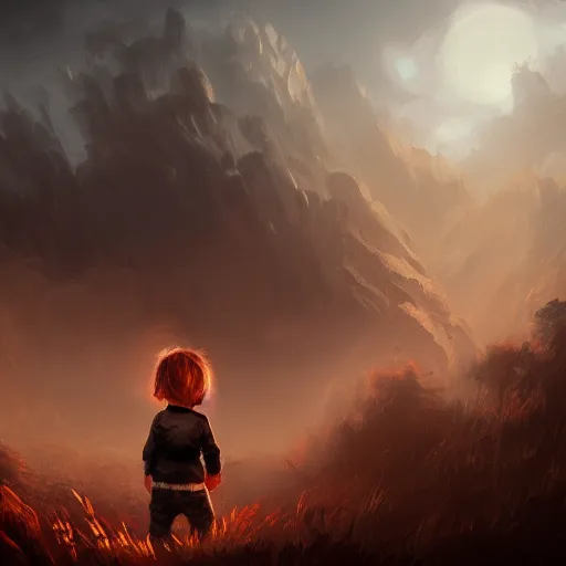 Image similar to child, black eyes, sharp teeth, portrait, hellscape landscape, intricate, detailed, volumetric lighting, scenery, digital painting, highly detailed, artstation, sharp,