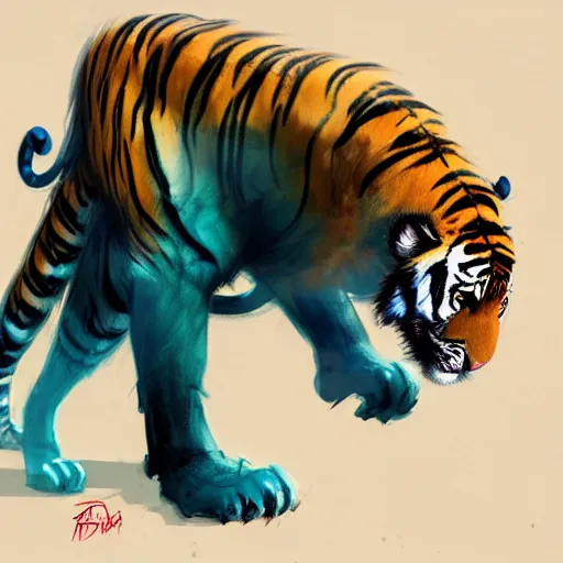 Image similar to concept art of anthropomorphized tiger black and teal, highly detailed painting by dustin nguyen, akihiko yoshida, greg tocchini, 4 k, trending on artstation, 8 k