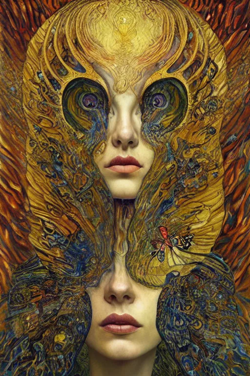 Image similar to Metamorphosis by Karol Bak, Jean Deville, Gustav Klimt, and Vincent Van Gogh, transformation portrait, chimera, visionary, cicada wings, otherworldly, fractal structures, ornate gilded medieval icon, third eye, dynamic, spirals