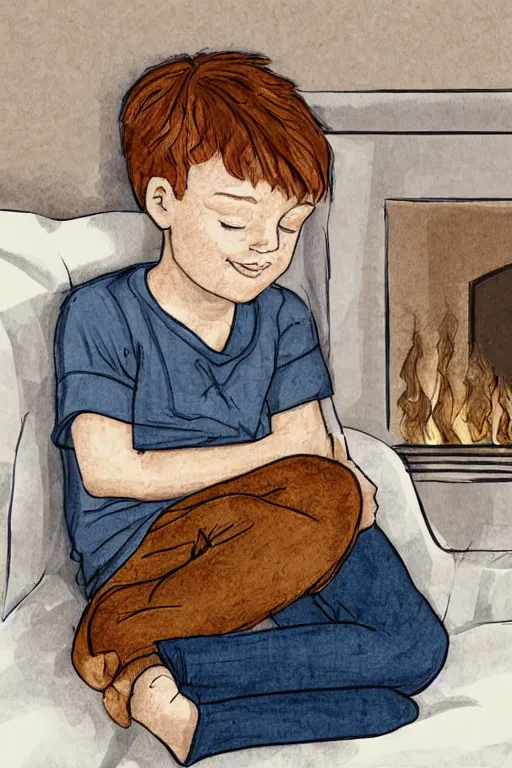 Prompt: a little boy with ginger hair curled up asleep in a cozy living room near the fireplace. clean elegant simple illustration, beautiful detailed face.