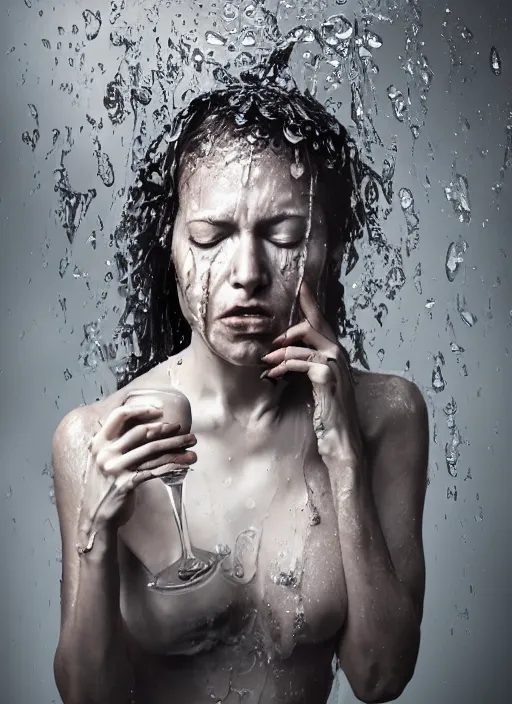 Image similar to expressive potrait photo of sad tired woman in the rain eating a bottle, glamour shot, by jenny saville, by stefan gesell, photorealistic, canon r 3, fashion photography, hyper maximalist, elegant, ornate, luxury, elite, environmental portrait, symmetrical features, octane render, unreal engine, solid dark grey background, dramatic lights