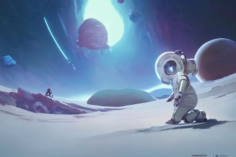 Prompt: astroneer chasing a distant spaceship Anime, wide angle, fine details, cinematic. galaxy starscape. realistic shaded lighting by Ilya Kuvshinov Giuseppe Dangelico Pino and Michael Garmash and Rob Rey greg rutkowski, octane render, IAMAG premiere, aaaa achievement collection, elegant freckles, cinematic hologram, fabulous, daily deviation, annual award winner