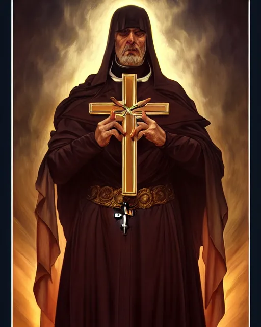 Image similar to realistic portrait of a nasty bishop, inverted cross, evil, heroic pose, beautiful face, bible, full body, dramatic lighting, intricate, wild, highly detailed, digital painting, artstation, concept art, smooth, sharp focus, illustration, art by artgerm and greg rutkowski and alphonse mucha, footage from space camera