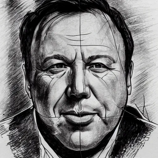 Image similar to portrait of Alex Jones face. Ink drawing. Detailed.