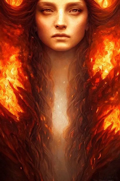 Prompt: Majestic and regal portrait of a beautiful young female fire goddess!!, intricate, epic, elegant, menacing, fantasy, highly detailed, digital painting, hard focus, beautiful volumetric lighting, epic light, ultra detailed, souls, smoke, by Leesha Hannigan, Ross Tran, Thierry Doizon, Kai Carpenter, Ignacio Fernández Ríos