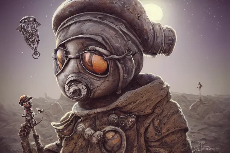 Image similar to a highly detailed forgotten garden gnome wearing goggles and head scarf surviving in a vast barren desert, hopeless wasteland background with a relentless raging sun overhead, post - apocalyptic road warrior vibe, full body, wide angle, an ultrafine detailed painting by joe fenton, trending on deviantart, pop surrealism, whimsical, lowbrow, perfect symmetrical face, sharp focus, octane, masterpiece