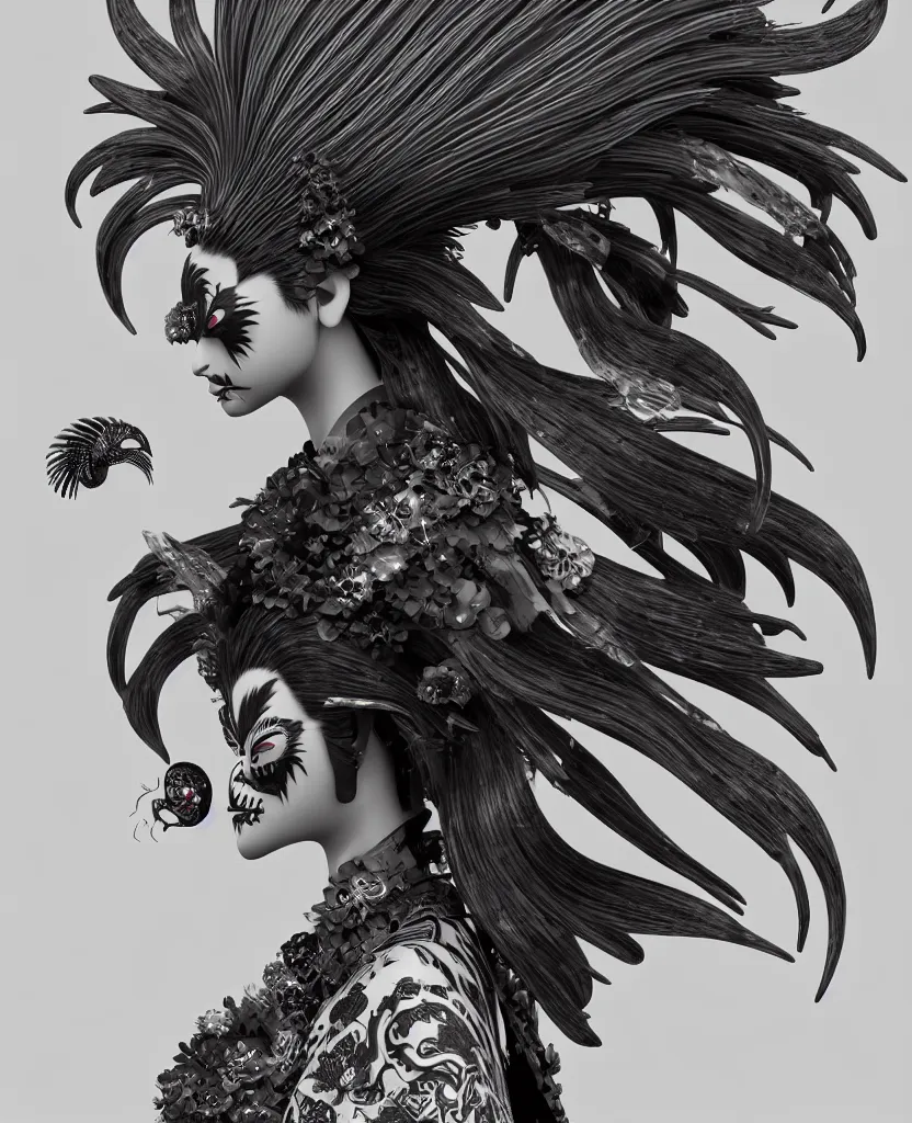 Image similar to 3 d goddess close - up profile portrait punk with mohawk with ram skull. beautiful intricately detailed japanese crow kitsune mask and clasical japanese kimono. betta fish, jellyfish phoenix, bio luminescent, plasma, ice, water, wind, creature, artwork by tooth wu and wlop and beeple and greg rutkowski