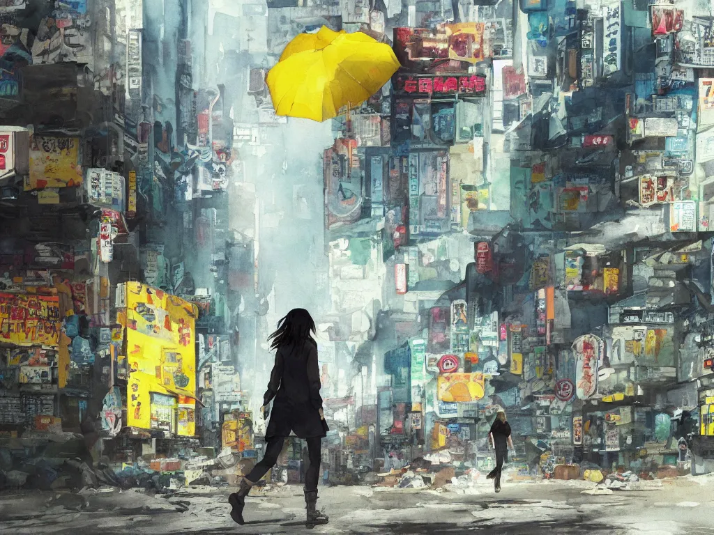 Image similar to incredible wide screenshot, ultrawide, simple watercolor, rough paper texture, ghost in the shell movie scene, backlit distant shot of girl in a parka running from a giant robot invasion side view, yellow parasol in deserted dusty shinjuku junk town, broken vending machines, bold graphic graffiti, old pawn shop, bright sun bleached ground, mud, fog, dust, windy, scary robot monster lurks in the background, ghost mask, teeth, animatronic, black smoke, pale beige sky, junk tv, texture, brown mud, dust, tangled overhead wires, telephone pole, dusty, dry, pencil marks, genius party,shinjuku, koji morimoto, katsuya terada, masamune shirow, tatsuyuki tanaka hd, 4k, remaster, dynamic camera angle, deep 3 point perspective, fish eye, dynamic scene