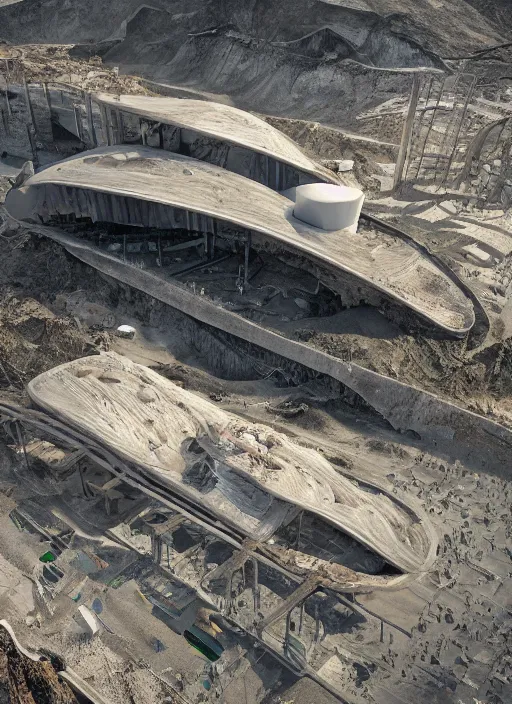 Image similar to bioremediation white mining tailing futuristic horizontal architecture in chuquicamata, epic, cinematic, hyperealistic, high detailed, corona render, hdr, ray tracing