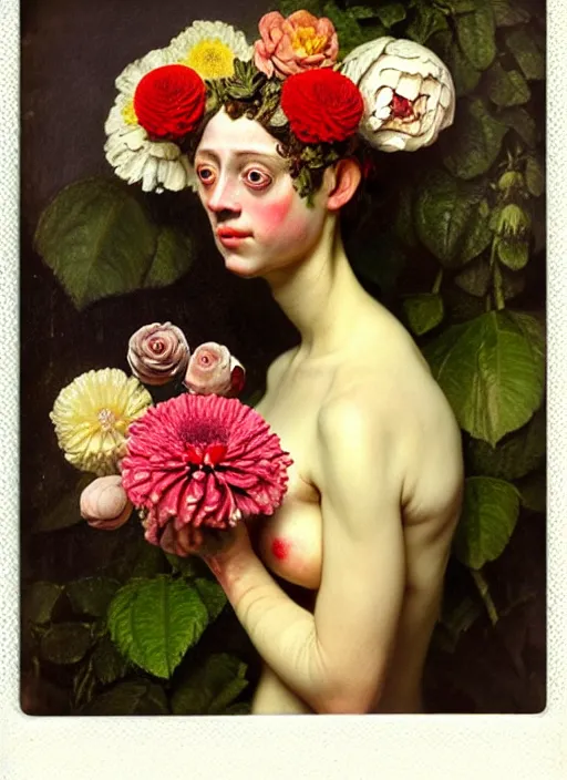 Image similar to beautiful and detailed rotten woman made of plants and many types of stylized flowers like carnation, chrysanthemum, roses and tulips, intricate, surreal, vladimir volegov, john constable, guy denning, gustave courbet, caravaggio, romero ressendi, 1 9 1 0 polaroid photo