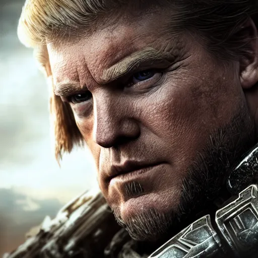 Image similar to Photo portrait of Donald Trump as King Leonidas in Gears of War, splash art, movie still, detailed face, photorealistic facial features, cinematic lighting, dramatic, octane render, long lens, shallow depth of field, bokeh, anamorphic lens flare, 8k, hyper detailed, 35mm film grain