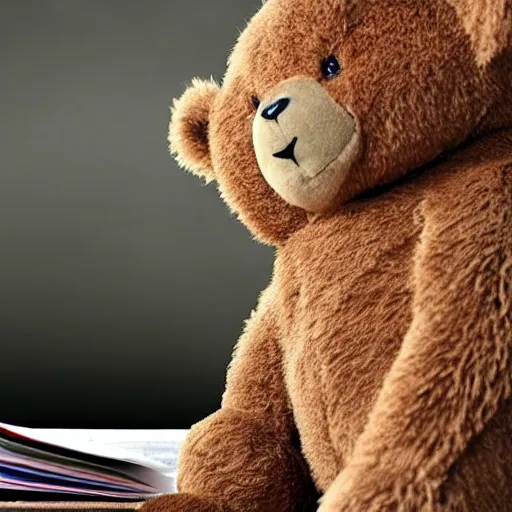 Image similar to teddy bear looking at his termination letter, screaming at it in silence,