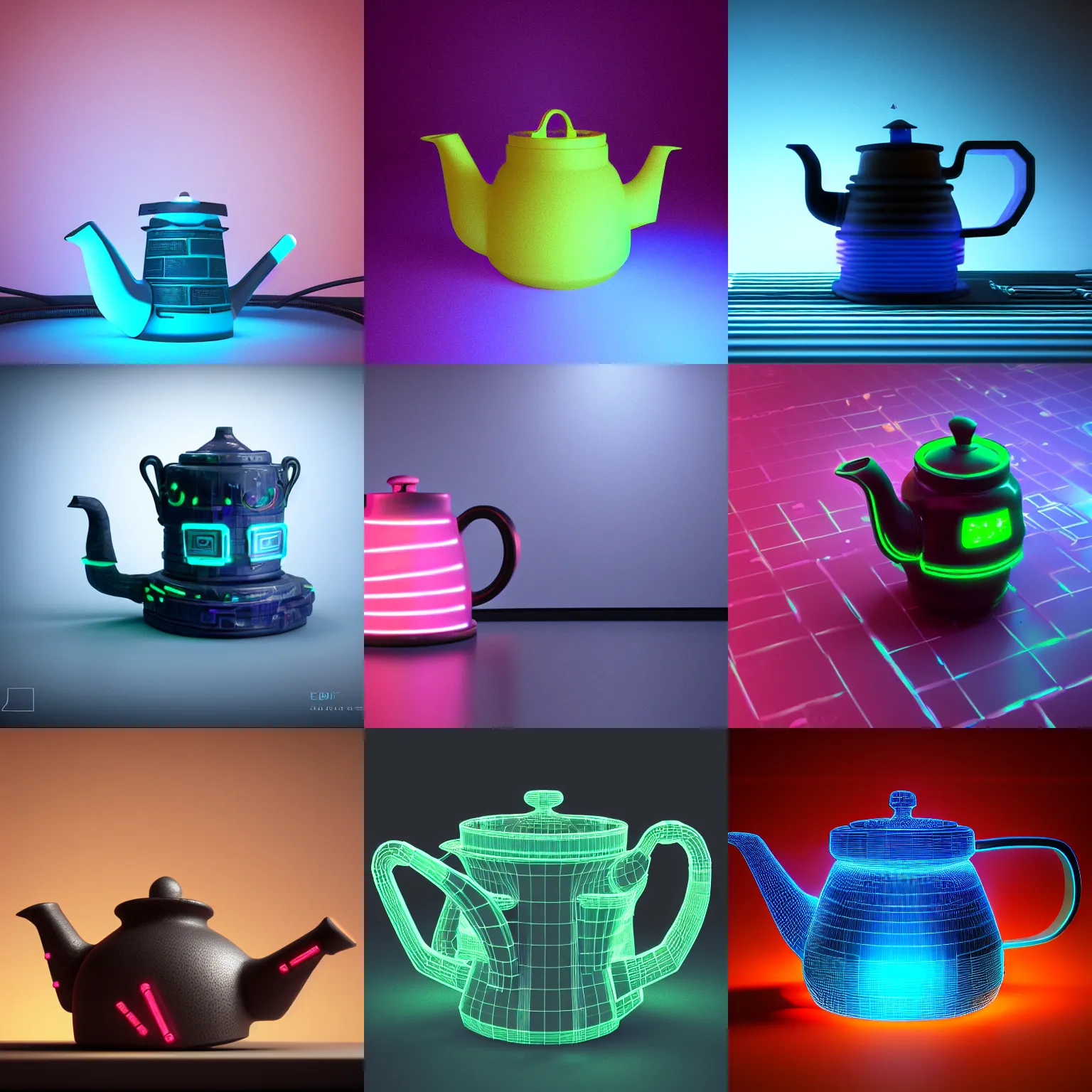 Prompt: a cyberpunk teapot. neon lights, concept, octane 3 d render.