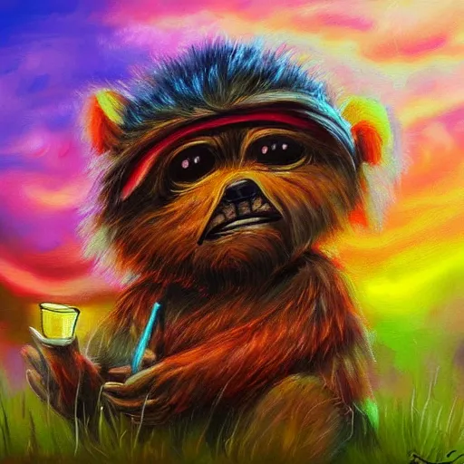 Image similar to a cute ewok painting a picture of the sunset in the forest, digital art, colourful