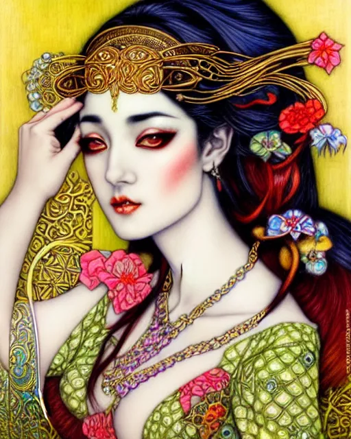 Prompt: beautiful and playful bellydancer, art nouveau, fantasy, intricate oriental designs, elegant, highly detailed, sharp focus, art by chie yoshii