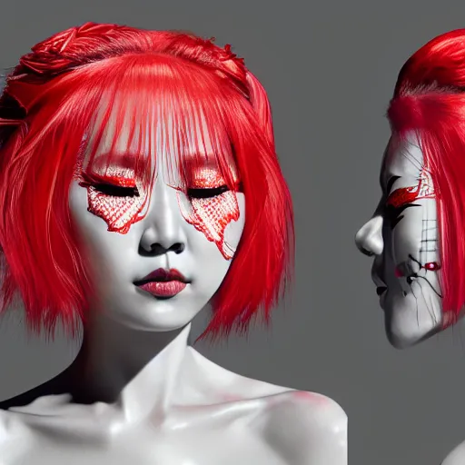 Image similar to albino maiko wearing an armor war paint, award winning photograph, 4 k, red and white neon, concept art, intricate details, highly professionally detailed, cgsociety, highly detailed -